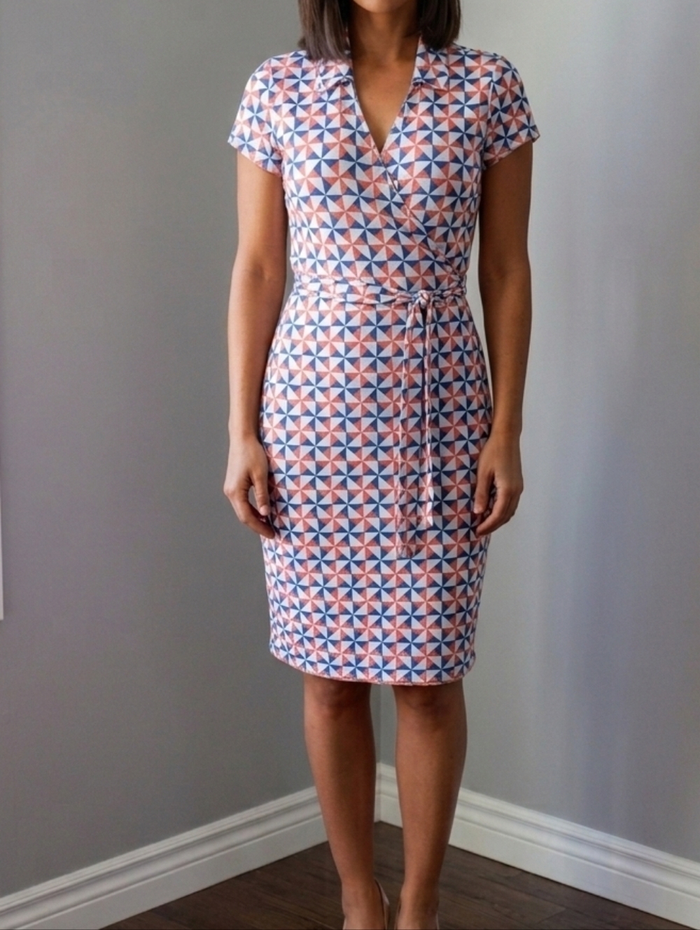 J. McLaughlin Geometric Print Faux-Wrap Dress Sz L